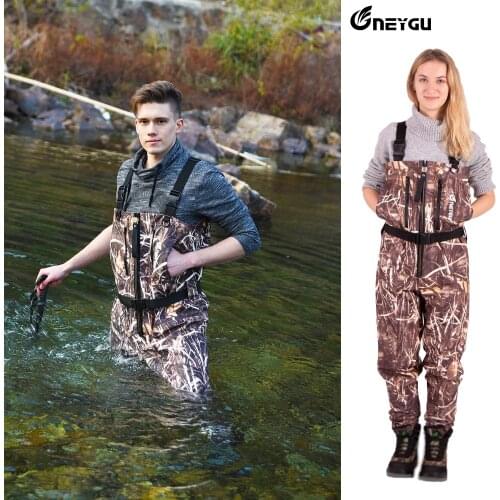 NEYGU fishing waders which is waterproof&breathable with copper zipper for adults, wear-resistant chest waders attached socks