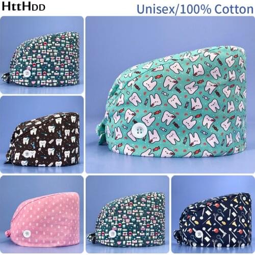 Tooth Pattern Print Unisex Cartoon Adjustable Scrub Hat Beauty Salon Doctor Nursing Surgical Cap Lab with Button Nurse Hat Women