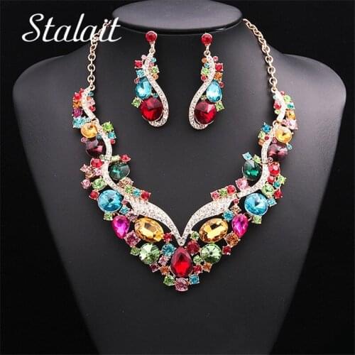 Wedding Bridal Accessories Geometric Gold Color Crystal Zircon Pendant Necklace Earrings Women Wedding Bridal Jewelry Sets