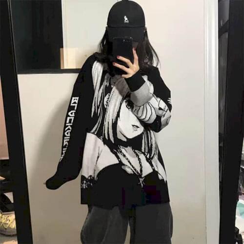 New Women Hip Hop Japanese Retro Cartoon Sweater Streetwear Harajuku Anime Girl Knitted Sweater Vintage Autumn Cotton Sweater