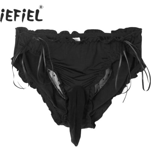 Men Solid Color Ruffles Panties Heart Shaped Cutout See-through Briefs Low Waist Bulge Pouch Bodycon Underpants Lingerie Costume