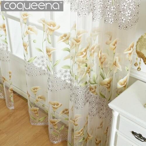 Flora Tulle Curtains for Kitchen Living Room Bedroom Balcony Door Window Sheer Panel Voile Curtain Yellow & Purple Morning Glory