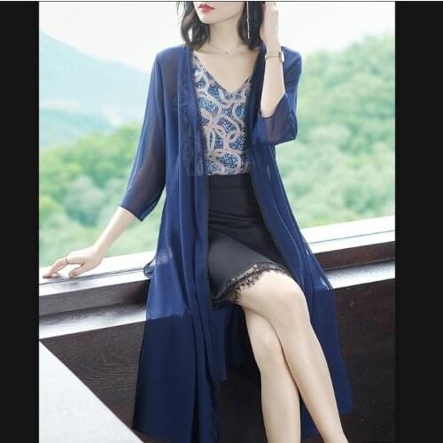 2021 New Korean Female Medium Long Shawl Coat Fashion Solid Thin Cardigan Boho Tops Summer Chiffon Jacket Women Plus Size Y937