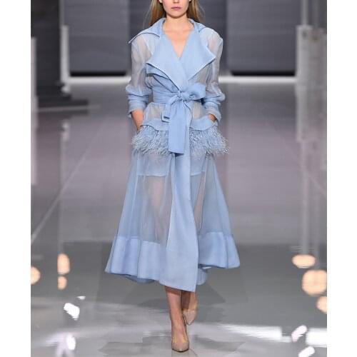 Summer European Runway Women Sexy Organza Through Trench Coat Feathers Tassel Belt Dress Turn-Down Collar Long Coat Outerwear