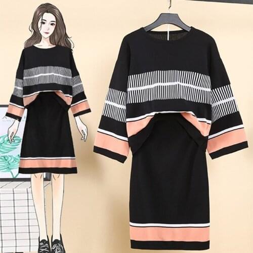 Casual Color contrast Knitted Pullover Jumpers Mid Skirt Two piece set Women Autumn Loose Sweater 2 Piece Outfits Female