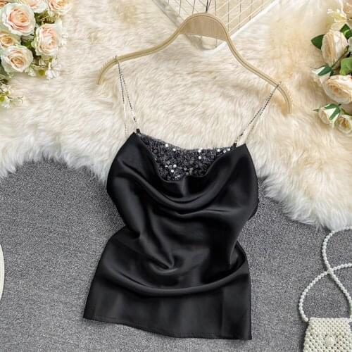 2021 ins Sexy off shoulder sequins spaghetti strap tanke top sleeveless slim fit solid color camisole Tops