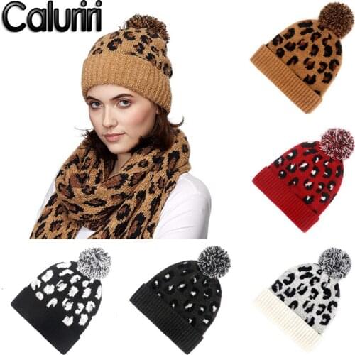 Caluriri Knitted Beanie Hat Leopard Pattern Acrylic Winter Warm Hat Gorros Beanie Cap Ski Knitted Skull Beanie Hat with Pompom