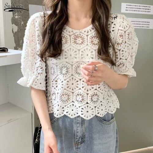 New Vintage Summer Tops Women Blusas Mujer De Moda 2021 Retro Perspective Lace Blouse Puff Sleeve Hollow Out Shirt Female 14346