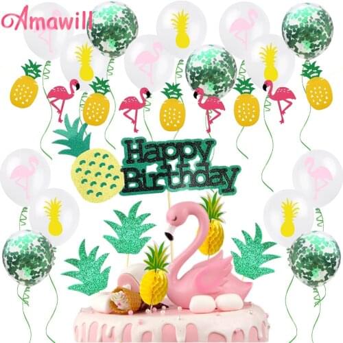 Amawill Hawaiian Party Decorations Flamingo Pineapple Cake Topper Garland Balloons For Tropical Party Supplies Birthday 8D
