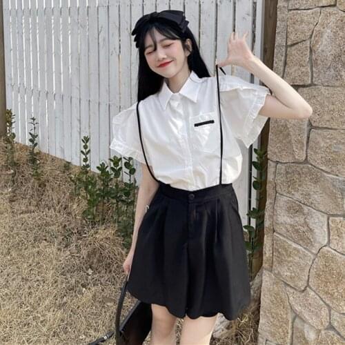 Ruffles Short Sleeve Cotton Shirt Women Girls Summer High Waist Overalls Shorts JK School Uniform Women Sets Clothes 2021