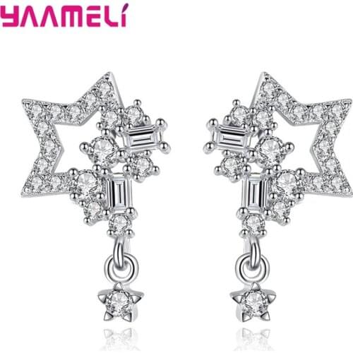 Cool Full Rhinestone Sparkling Stars Stud Earrings for Woman Girl Gift Original 925 Sterling Silver Cubic Zircon Mirco Inlay