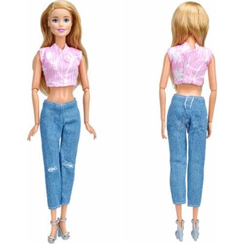 Fashion 11.5" Doll Outfits For Barbie Clothes Pink Floral Shirt Crop Top Ripped Denim Pants Jeans Trousers 1/6 Accessories Toys