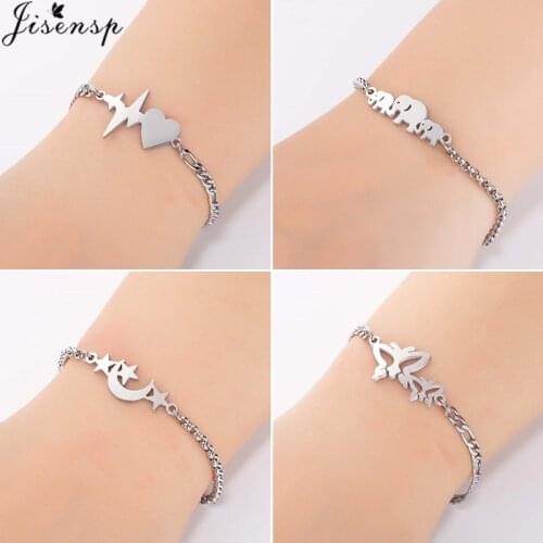 Jisensp Fashion Punk Animal Charm Bracelet Stainless Steel Elephant Butterfly Bracelets Cute Star Moon Bracelet Femme armband