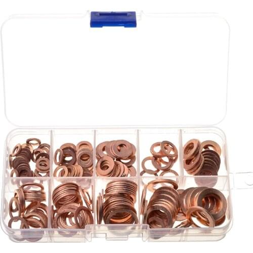 200pcs M5/M6/M8/M10/M12/M14 Copper Washers Kit Solid Flat Ring Sump Plug Oil Seal Assorted Set Hardware Accessories With Box