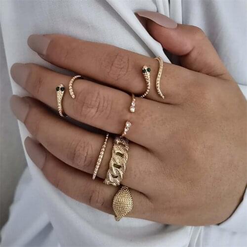 6 Pcs/Set Women Rings Set Gold Color Irregular Chain Small Snake Crystal Joint Ring Bohemian Party Wedding Jewelry Gift