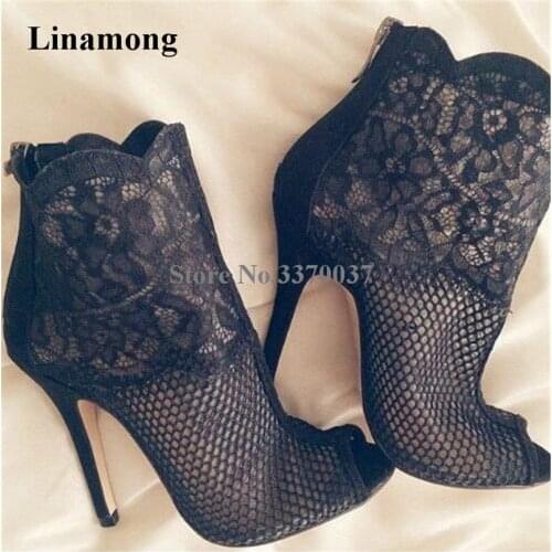 New Design Women Elegant Open Toe Black White Mesh Short Boots Embroidery Lace Thin Heel Ankle Booties Wedding High Heel Boots