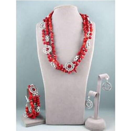 New Style Premier Designa Firecracker Red Coral Necklace Bracelet Earrings Jewelry Set Hot Sale Four Strand Unique Woman Gift