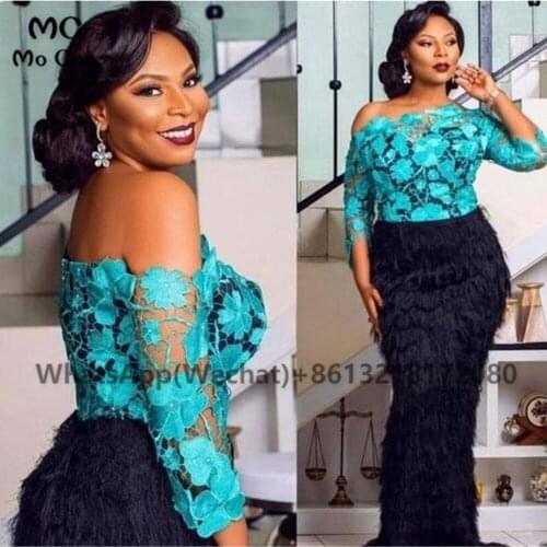 African Off the Shoulder Mermaid Prom Evening Dresses Feather Appliques Long Sleeves Womens Evening Gown Custom Made