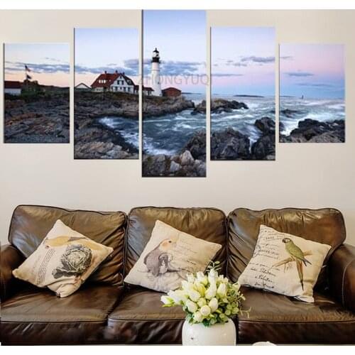 Portland Lighthouse 5 Piece Seascape Canvas Paintings Wall Art Extra Large Modern Ocean Sea Beach Canvas Prints Artwork Pictures