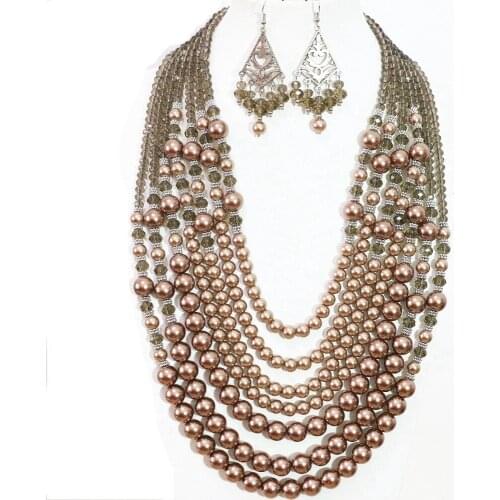 Romantic 7 rows necklace earrings champagne round shell simulated-pearl charms party weddings women jewelry set B1305