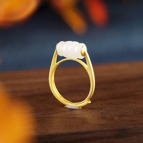 S925 Sterling Silver Inlaid Natural Hetian Jade Bamboo Joint as Right as Rain Temperament Wild Simple Opening Ornament