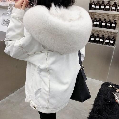 2020 Winter Jacket Coat Women White Denim Jacket Real Large Fox Fur Collar Hooded Rabbit Fur Liner Loose Jacket Korean NEW Brand