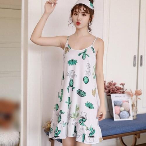 Womens Sling Nightdress Cute Nightwear Cartoon Print Loose Milk Silk Dress With Blindfold