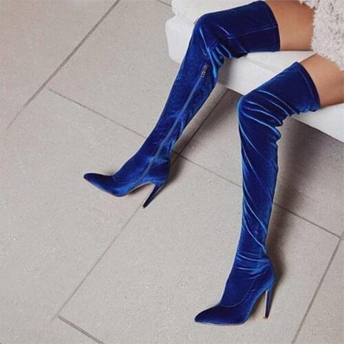 Women Over-the-knee Boots Woman Pointed Toe Suede Stetch Fabric Zips Boots Ladies Sexy Thin High Heels Female Shoes Big Size 43