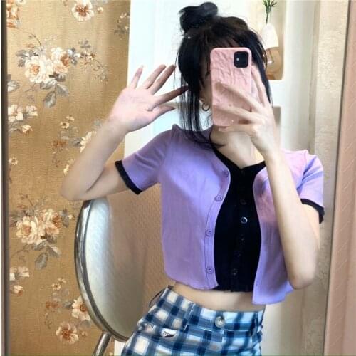 Summer new retro solid color short-sleeved fake two-piece cardigan shirt women fashion slimming color matching short shirt women