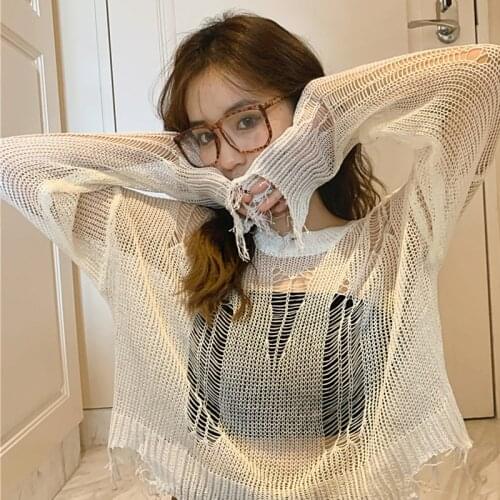 Black White Gothic Thin Women Pullover Loose Sweater 2021 Lady Hollow Out Hole Broken Streetwear Stretch Split Knit Short Top