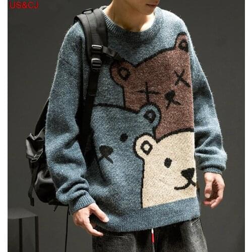 Fashion Cartoon Bear Sweater Men 2021 Winter New Fashion Long Sleeve Knitted Pullover Oversized Harajuku Loose Leisure Soft Coat