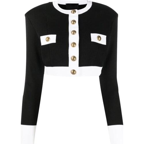 S-XL High Quality 2021 Spring And Autumn New Fashion Knitted Black And White Stitching Round Neck Long Sleeve Women Jacket Coat