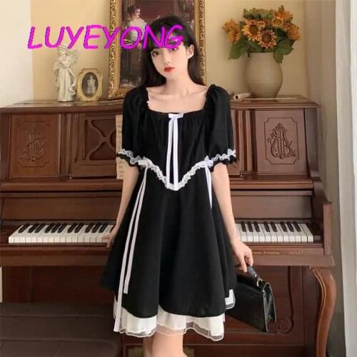 Dark Loliata Lady Lace Patchwork Bow Contrast Color Streetwear Mini Dresse Women Black Gothic Square Collar Empire Dress 2021