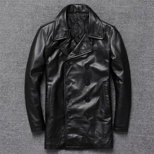 2020 Mens Genuine Spring Vintage Classic Cowhide Leather Coat Casual Formal Black Jacket Plus Size Shipping