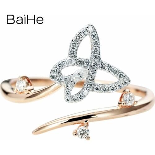 BAIHE Solid 14K Rose Gold 0.03ct H/SI Round Natural Diamonds Wedding Women Trendy Fine Jewelry Beautiful butterfly diamond Ring