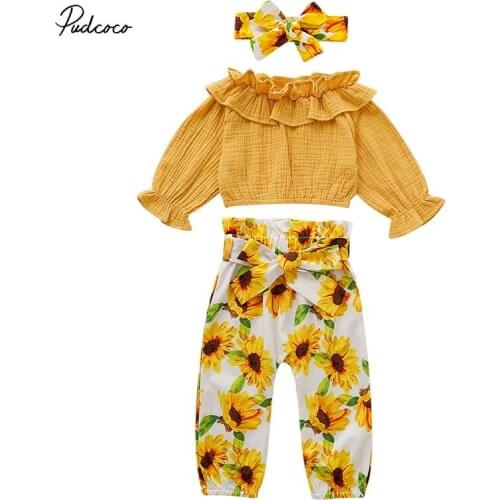 2019 Baby Spring Autumn Clothing Toddler Baby Girl Ruffle Tops Shirts Sunflower Sash Pants Headband 3Pcs Outfits Clothes 1-4T
