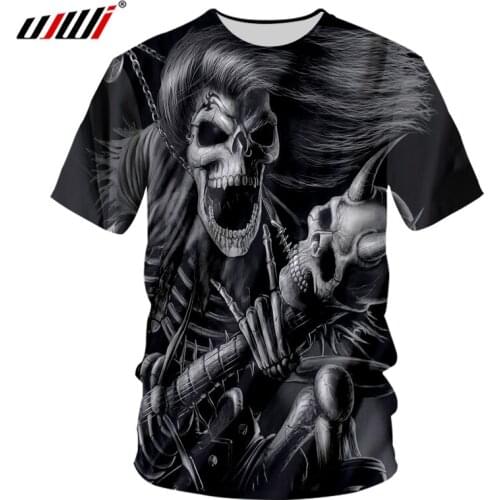 UJWI Mens New Hip Hop Street Clothing 3D Printed Long Hair And Angle Skull Tshirt Man Black White O Neck T Shirt Big Size 5XL