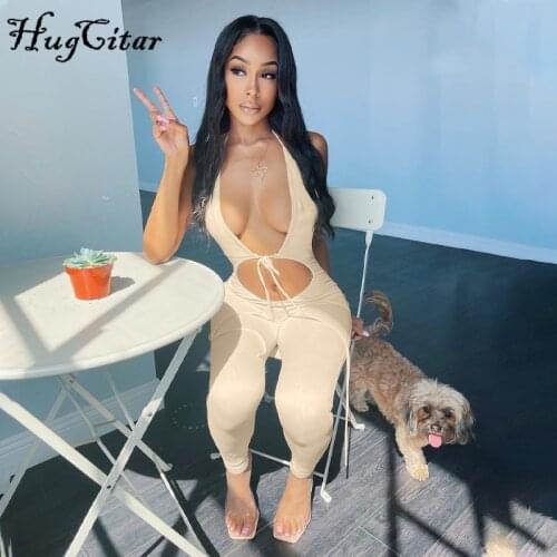 Hugcitar 2021 Sleeveless Low-Cut V-Neck Navel Dress Backless Jumpsuit Summer Women Fashion Streetwear Outfits Romper Y2K