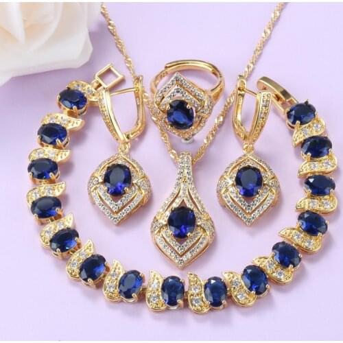 Brazilian Gold-Color Jewelry Set With Natural Stone CZ Blue Earrings And Necklace Bridal Sets For Women Wedding Gift