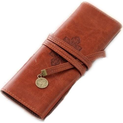 1Pcs Leather Pencil Bag Retro Vintage Pencil Pen Case Portable Makeup Brushes Bag School Stationery Supplies Pencil Bags