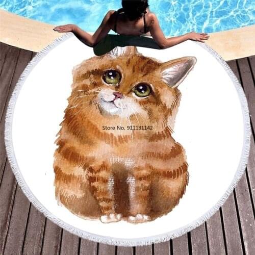 Fashionable Pet Cat Print Round Microfiber Beach Towel 3D Cartoon Animal Design Outdoor Swimming Quick-dry Bibble Towel