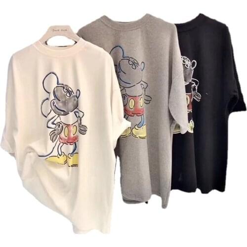 Disney Mickey New Cotton Printed T-shirt Womens Mid-length Loose Large Size Short-sleeved High-quality All-match T-shirt