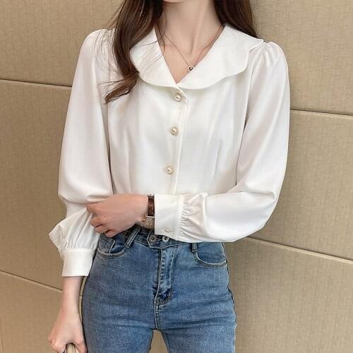 Chikichi Spring New 2021 Casual Doll Collar White Shirt Female Niche Long-sleeved Shirt French Puff Sleeve Womens Tops