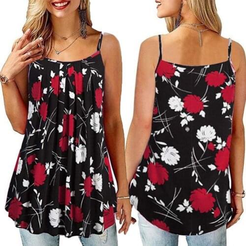 Casual Women Floral Sleeveless Pleated Hem Loose Strap Top Blouse Camisole