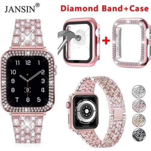 Bands For Apple Watch Band 38mm 42mm 44mm 40mm Women Diamond Strap+Case+Glass Screen Protector Cover For iWatch SE Series 6 5 4