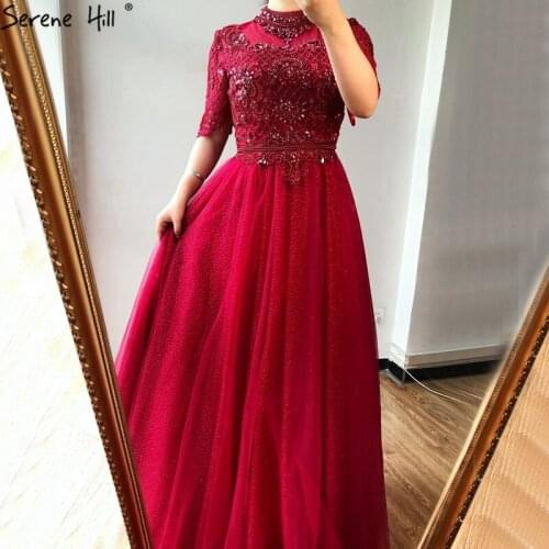 Serene Hill Dubai Burgundy A-Line Half Sleeves Evening Dress 2020 Diamond Beading Sparkle Formal Party Wear Gown CLA70543