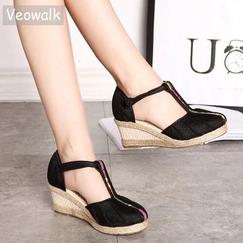 Veowalk Women Linen Floral T-Strap Wedge Sandals Summer Handmade Ladies Casual Comfortable Espadrilles Platform Pumps Shoes