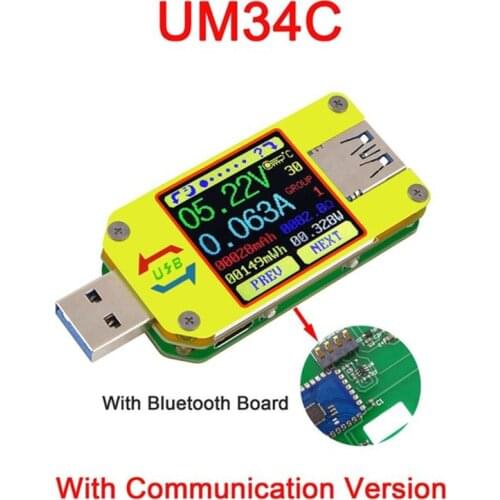UM34C/UM34 DC Voltmeter Ammeter Voltage Current Meter APP USB 3.0 Type-C Battery Charge Measure Cable Resistance Testers FKU66