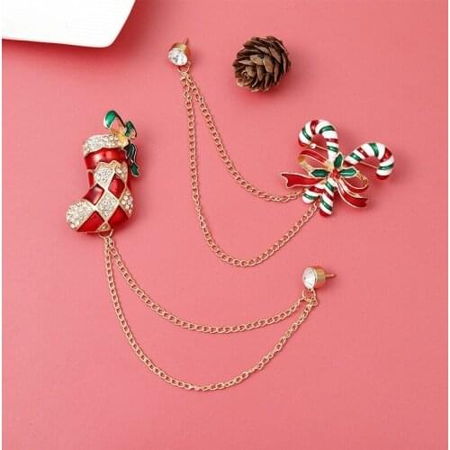 Brooches Fashion Christmas Wreath Crutches Brooch Tassel Chain Clip Collar Shirt Lapel Pin Women Girls Xmas Accessories