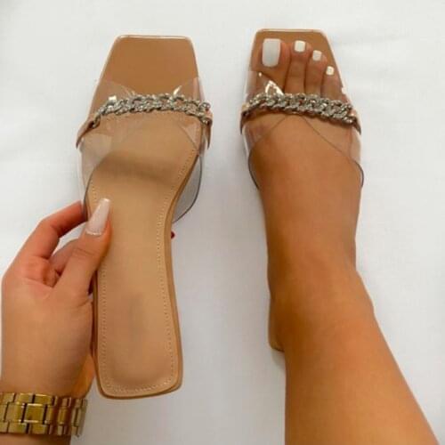 Fashion sexy transparent open-toed chain Roman style 2021 summer new style Solid outdoor large size flat Women‘s slippers 37-41